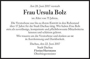 Traueranzeige von Ursula Bolz von Süddeutsche Zeitung