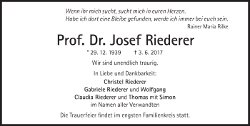 Traueranzeige von Josef Riederer von Süddeutsche Zeitung