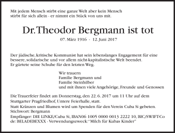 Traueranzeige von Theodor Bergmann ist tot von Süddeutsche Zeitung