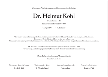 Traueranzeige von Helmut  Kohl von Süddeutsche Zeitung