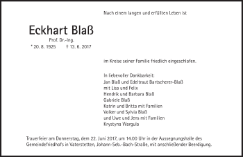 Traueranzeige von Eckhart Blaß von Süddeutsche Zeitung
