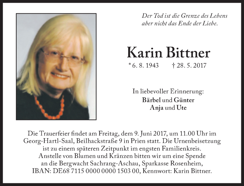 Traueranzeige für Karin Bittner vom 02.06.2017 aus Süddeutsche Zeitung