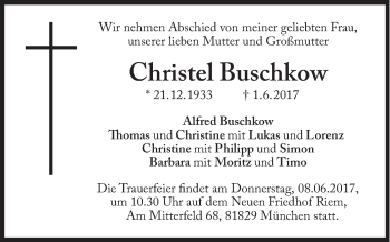 Traueranzeige von Christel Buschkow von Süddeutsche Zeitung
