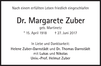 Traueranzeige von Margarete Zuber von Süddeutsche Zeitung