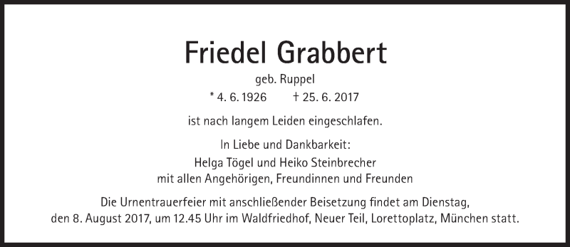  Traueranzeige für Friedel Grabbert vom 01.07.2017 aus Süddeutsche Zeitung