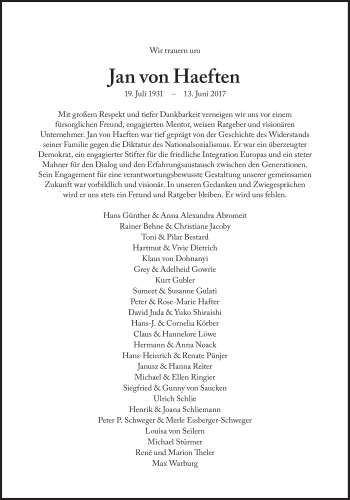 Traueranzeige von Jan von Haeften von Süddeutsche Zeitung