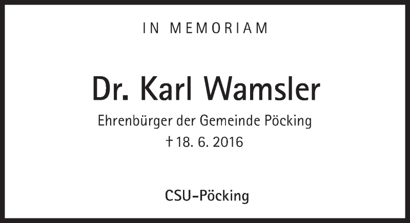  Traueranzeige für Karl Wamsler vom 17.06.2017 aus Süddeutsche Zeitung