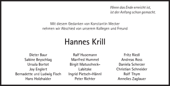 Traueranzeige von Hannes Krill von Süddeutsche Zeitung