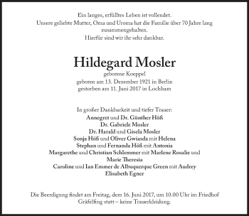 Traueranzeige von Hildegard Mosler von Süddeutsche Zeitung