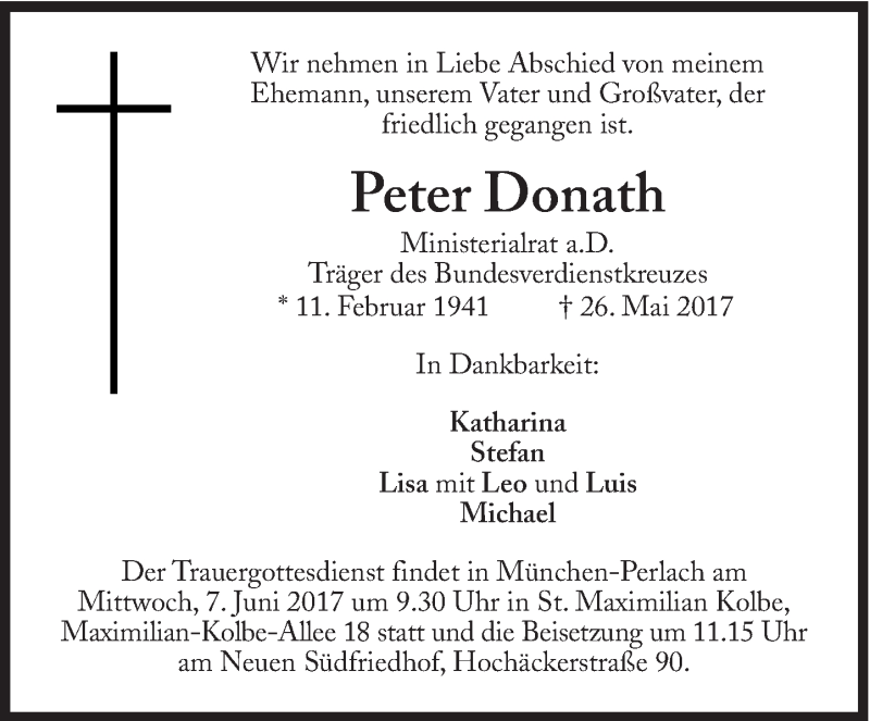  Traueranzeige für Peter Donath vom 03.06.2017 aus Süddeutsche Zeitung