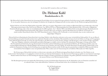 Traueranzeige von Helmut  Kohl von Süddeutsche Zeitung