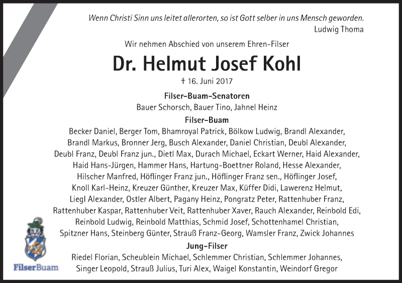  Traueranzeige für Helmut  Kohl vom 22.06.2017 aus Süddeutsche Zeitung