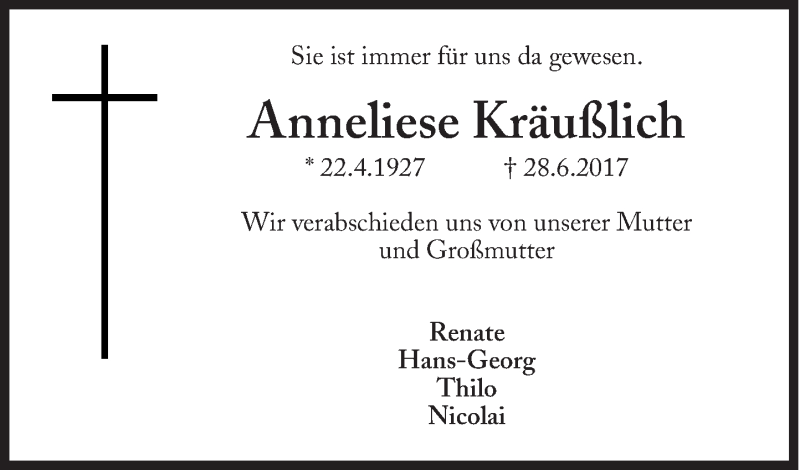  Traueranzeige für Anneliese Kräußlich vom 01.07.2017 aus Süddeutsche Zeitung