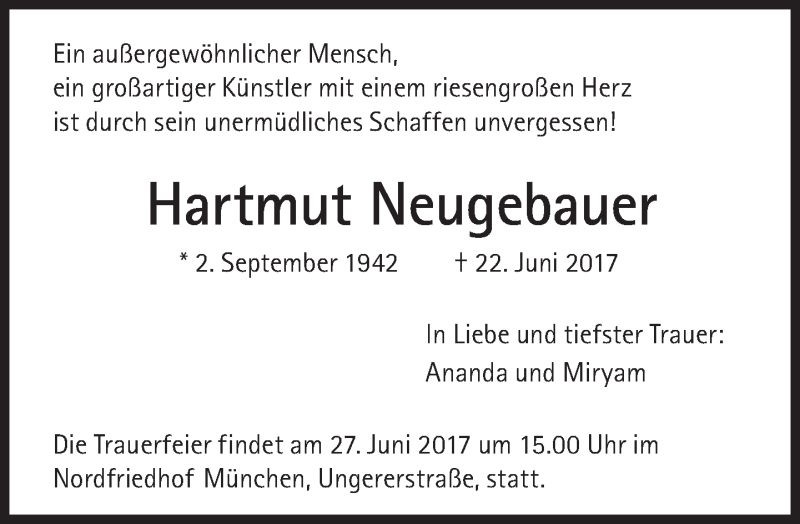  Traueranzeige für Hartmut Neugebauer vom 24.06.2017 aus Süddeutsche Zeitung