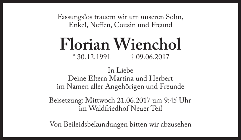  Traueranzeige für Florian Wienchol vom 19.06.2017 aus Süddeutsche Zeitung