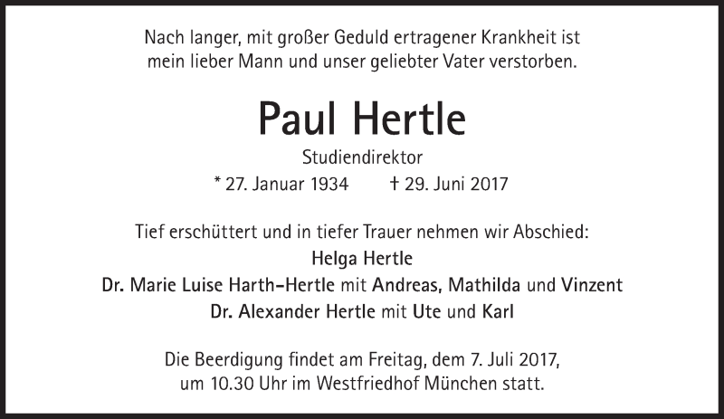  Traueranzeige für Paul Hertle vom 01.07.2017 aus Süddeutsche Zeitung