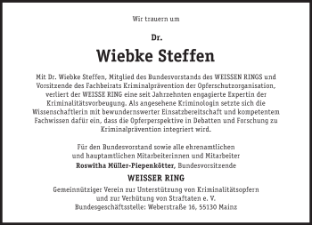 Traueranzeige von Wiebke Steffen von Süddeutsche Zeitung