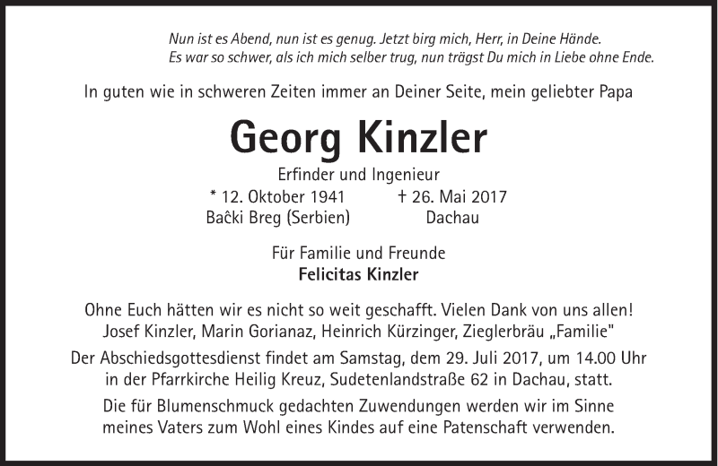  Traueranzeige für Georg Kinzler vom 22.07.2017 aus Süddeutsche Zeitung