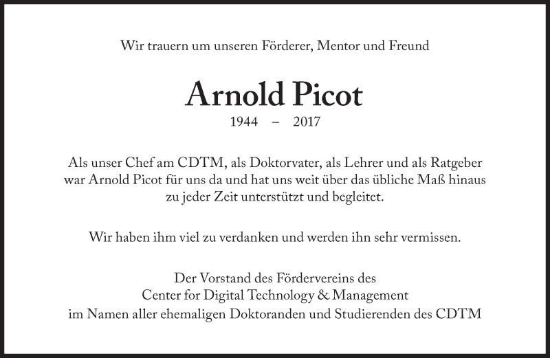  Traueranzeige für Arnold Picot vom 14.07.2017 aus Süddeutsche Zeitung