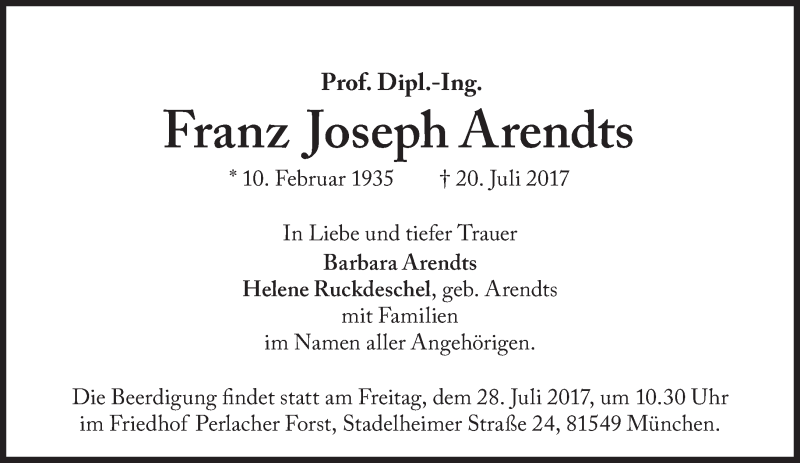  Traueranzeige für Franz Joseph Arendts vom 25.07.2017 aus Süddeutsche Zeitung