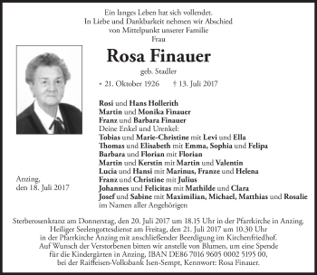Traueranzeige von Rosa Finauer von Süddeutsche Zeitung