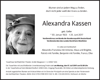 Traueranzeige von Alexandra Kassen von Süddeutsche Zeitung