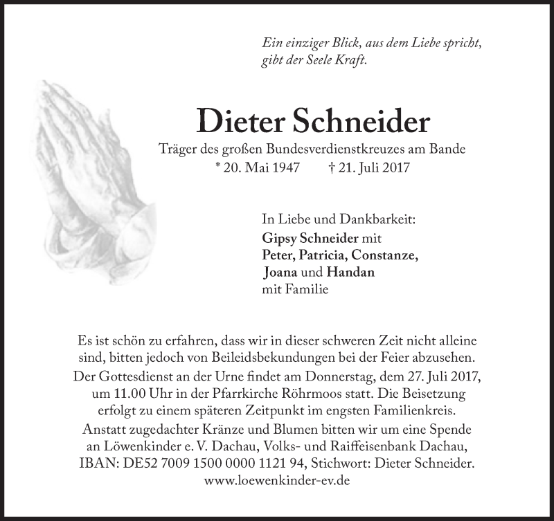 Traueranzeige für Dieter Schneider vom 25.07.2017 aus Süddeutsche Zeitung