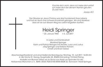 Traueranzeige von Heidi Springer von Süddeutsche Zeitung