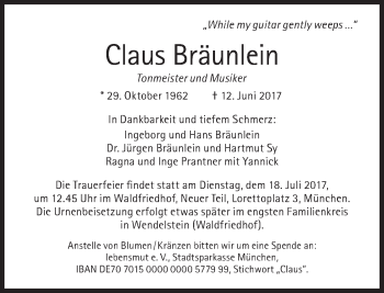 Traueranzeige von Claus Bräunlein von Süddeutsche Zeitung