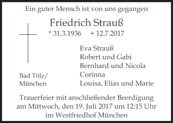 Traueranzeige von Friedrich Strauß von Süddeutsche Zeitung