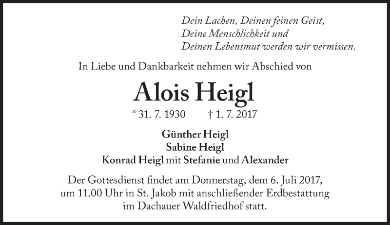  Traueranzeige für Alois Heigl vom 05.07.2017 aus Süddeutsche Zeitung