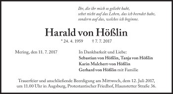 Traueranzeige von Harald von Hößlin von Süddeutsche Zeitung
