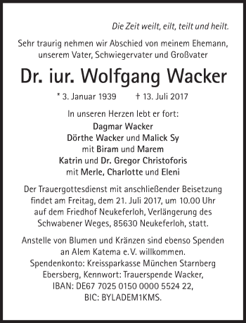 Traueranzeige von Wolfgang Wacker von Süddeutsche Zeitung