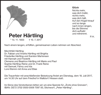 Traueranzeige von Peter Härtling von Süddeutsche Zeitung