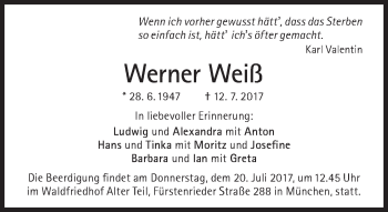 Traueranzeige von Werner Weiß von Süddeutsche Zeitung