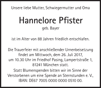 Traueranzeige von Hannelore Pfister von Süddeutsche Zeitung