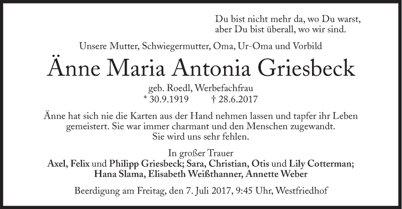  Traueranzeige für Änne Maria Griesbeck vom 05.07.2017 aus Süddeutsche Zeitung