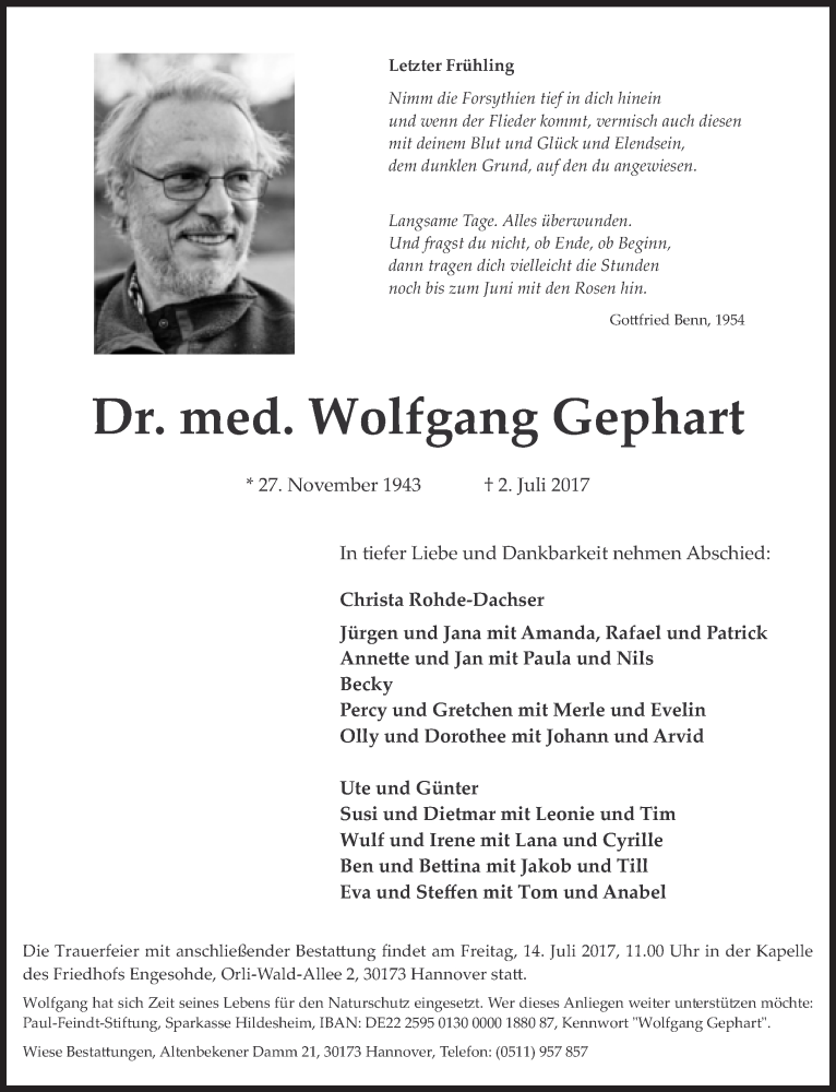  Traueranzeige für Wolfgang Gephart vom 08.07.2017 aus Süddeutsche Zeitung