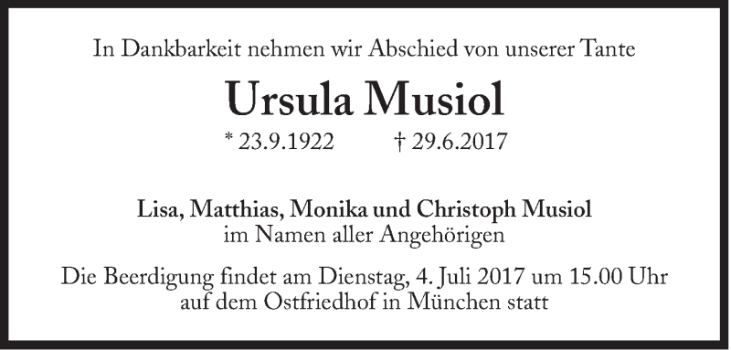  Traueranzeige für Ursula Musiol vom 03.07.2017 aus Süddeutsche Zeitung
