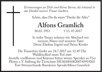 Traueranzeige von Alfons Gramlich von Süddeutsche Zeitung