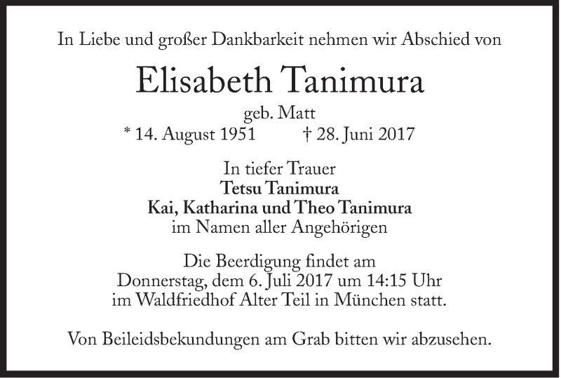  Traueranzeige für Elisabeth Tanimura vom 03.07.2017 aus Süddeutsche Zeitung