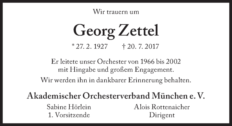  Traueranzeige für Georg Zettel vom 26.07.2017 aus Süddeutsche Zeitung