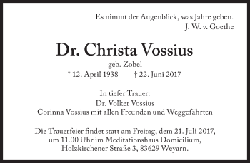 Traueranzeige von Christa Vossius von Süddeutsche Zeitung