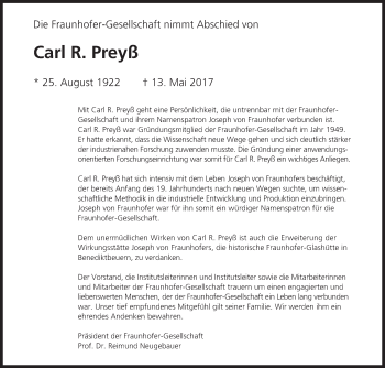 Traueranzeige von Carl R. Preyß von Süddeutsche Zeitung