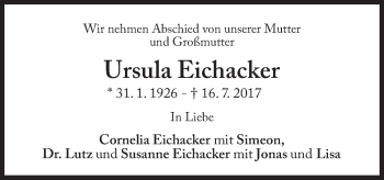 Traueranzeige von Ursula Eichacker von Süddeutsche Zeitung