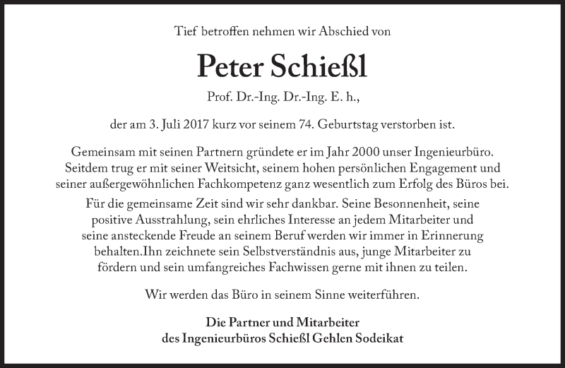  Traueranzeige für Peter Schießl vom 22.07.2017 aus Süddeutsche Zeitung
