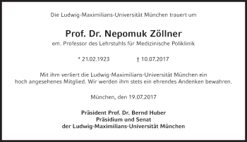 Traueranzeige von Nepomuk Zöllner von Süddeutsche Zeitung