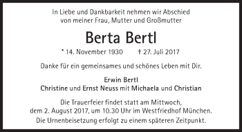 Traueranzeige von Berta Bertl von Süddeutsche Zeitung