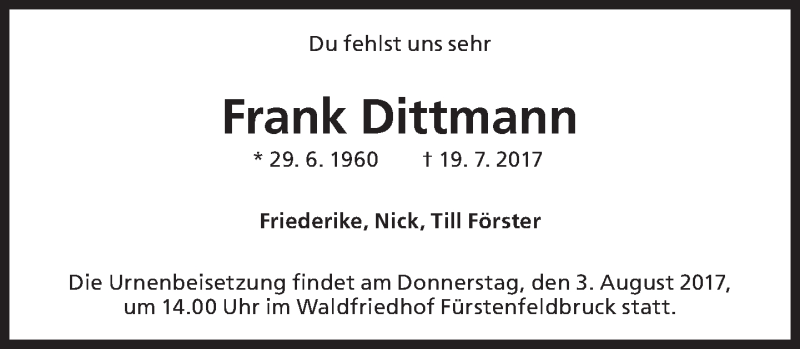  Traueranzeige für Frank Dittmann vom 01.08.2017 aus Süddeutsche Zeitung
