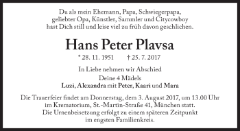 Traueranzeige von Hans Peter Plavsa von Süddeutsche Zeitung
